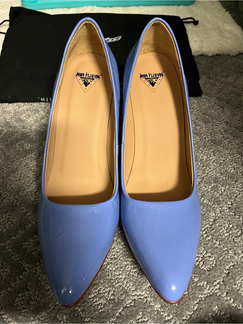 John Fluevog Periwinkle Patent Pointed-Toe Pumps